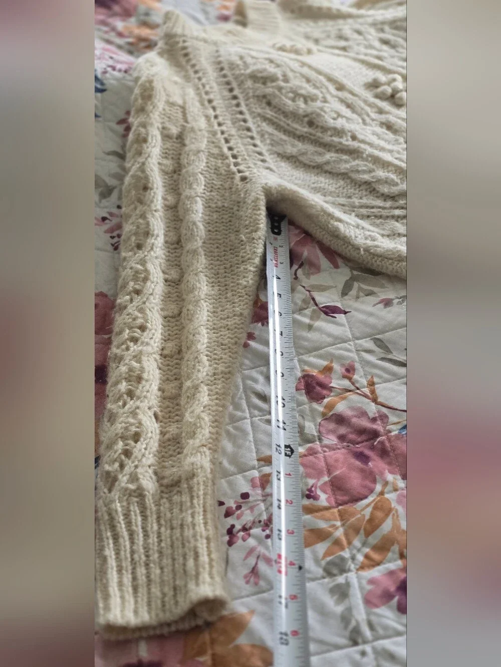 Cable Knit Crewneck Sweater with Floral Bobble Accents - Cream